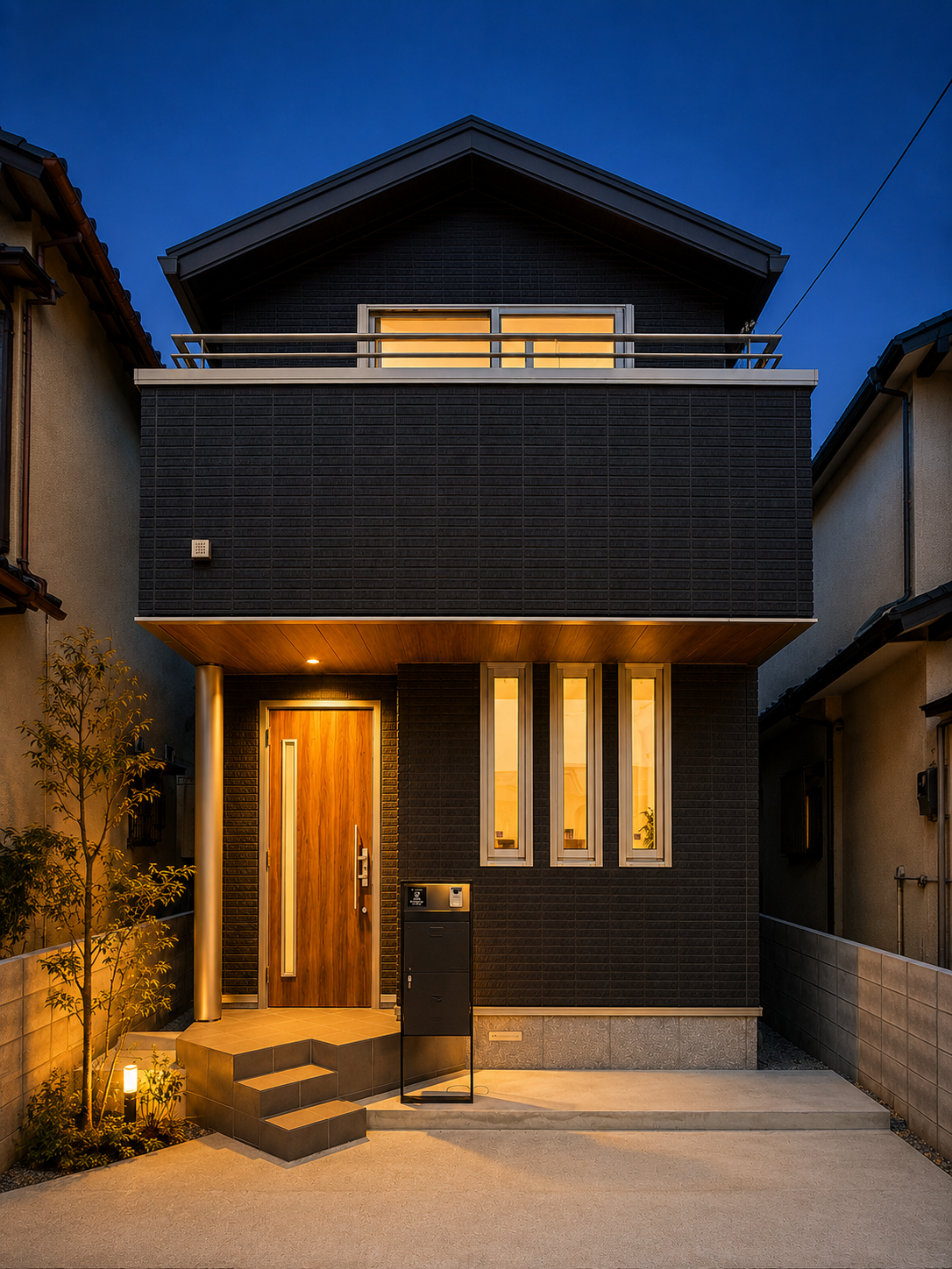 京都市右京区嵯峨嵐山 BRACCA HIROSAWA 夜景外観とライトアップされたデザイン住宅